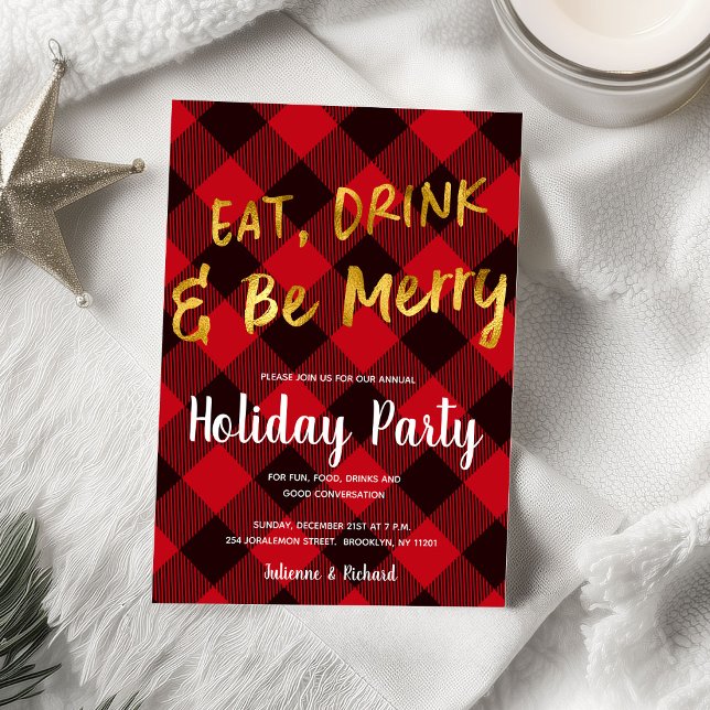 Buffalo Red Plaid Gold Foil Christmas Party Invitation (Creator Uploaded)