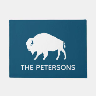 Buffalo Silhouette Personalized Blue and White Doormat