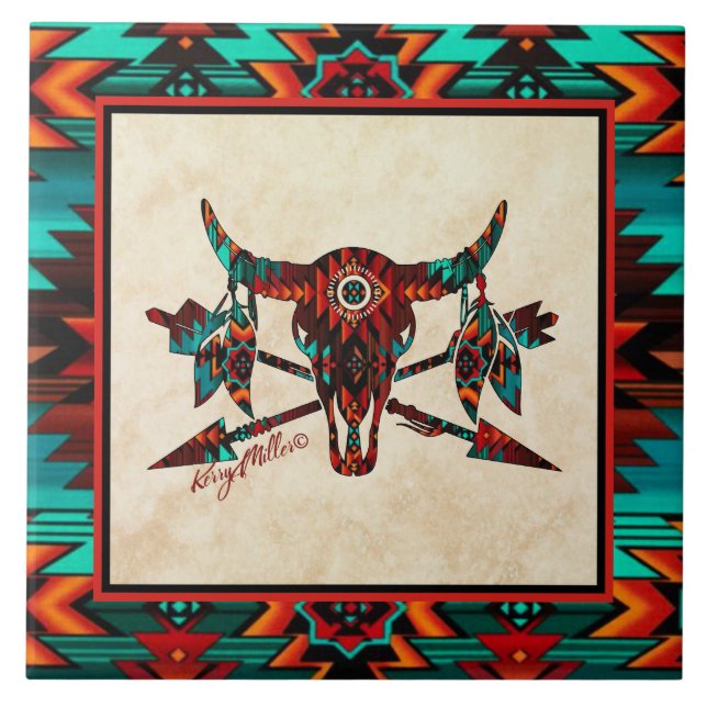 Buffalo Skull And Arrows Ceramic Tile (Front)