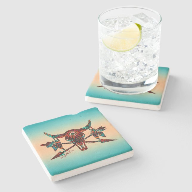 Buffalo Skull And Arrows Stone Coaster (Side)