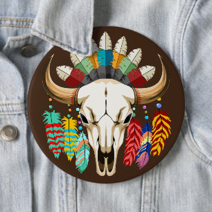Buffalo Skull Native American Emblem 6 Inch Round Button