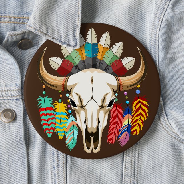Buffalo Skull Native American Emblem 6 Inch Round Button (In Situ)