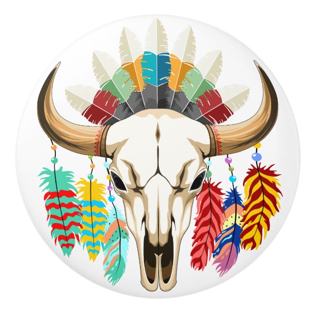 Buffalo Skull Native American Emblem Ceramic Knob (Front)