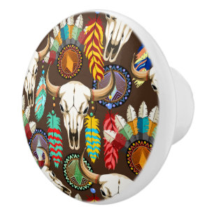 Buffalo Skull Native American Emblem Ceramic Knob