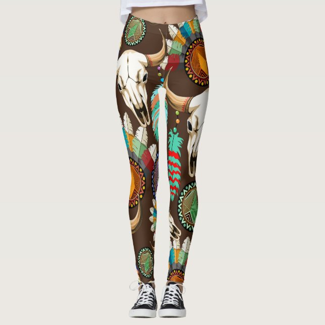 Buffalo Skull Native American Emblem Leggings (Front)