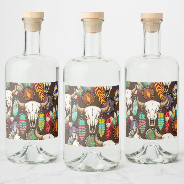 Buffalo Skull Native American Emblem Liquor Bottle Label (Bottles)