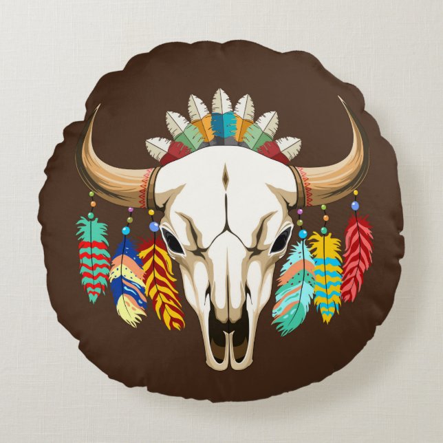 Buffalo Skull Native American Emblem Round Pillow (Front)