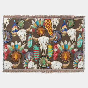 Buffalo Skull Native American Emblem Throw Blanket