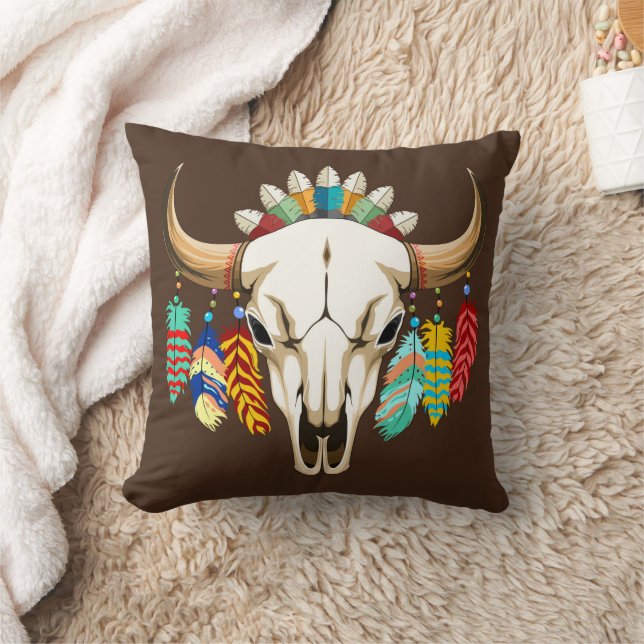 Buffalo Skull Native American Emblem Throw Pillow (Blanket)