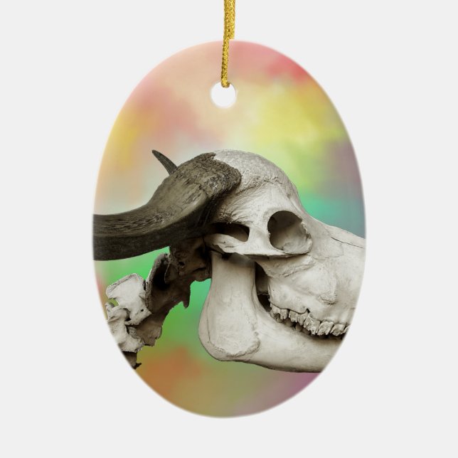 Buffalo Skull on a Watercolor Background Ceramic Ornament (Front)