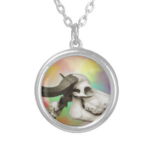 Buffalo Skull on a Watercolor Background Silver Plated Necklace