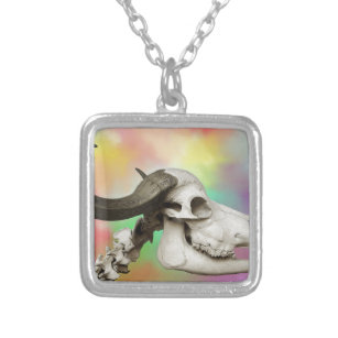 Buffalo Skull on a Watercolor Background Silver Plated Necklace