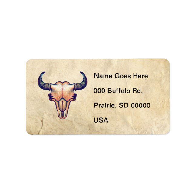 Buffalo Skull on Tan Faux Leather Label (Front)