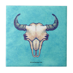 Buffalo Skull Turquoise Faux Parchment Tile