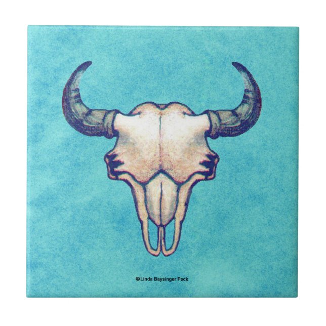 Buffalo Skull Turquoise Faux Parchment Tile (Front)