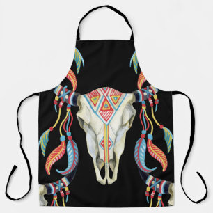 Buffalo Skull: Watercolor Black Background. Apron