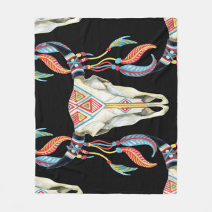 Buffalo Skull: Watercolor Black Background. Fleece Blanket