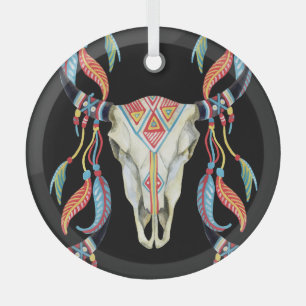 Buffalo Skull: Watercolor Black Background. Glass Ornament