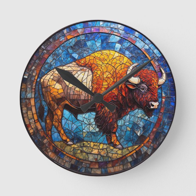 Buffalo Stained Glass Artwork Round Clock (Front)