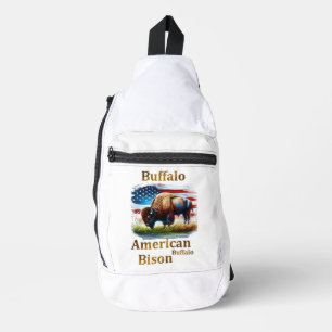 Buffalo Standing in Grass Field With American Flag Sling Bag