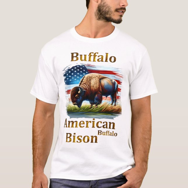 Buffalo Standing in Grass Field With American Flag T-Shirt (Front)