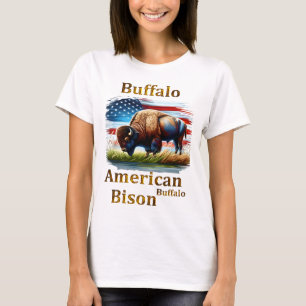 Buffalo Standing in Grass Field With American Flag T-Shirt