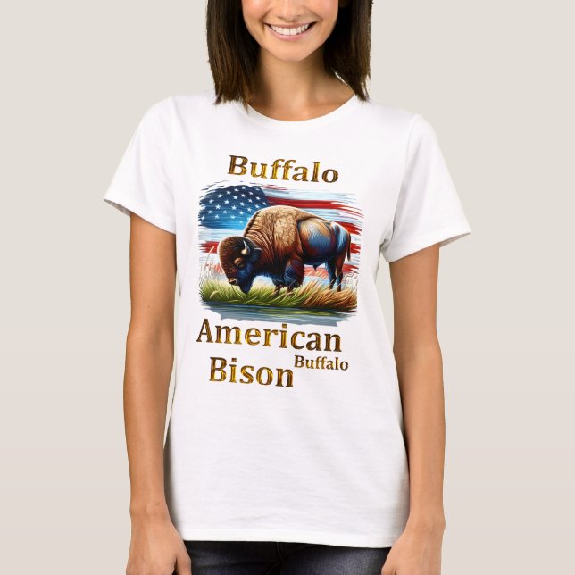 Buffalo Standing in Grass Field With American Flag T-Shirt (Front)