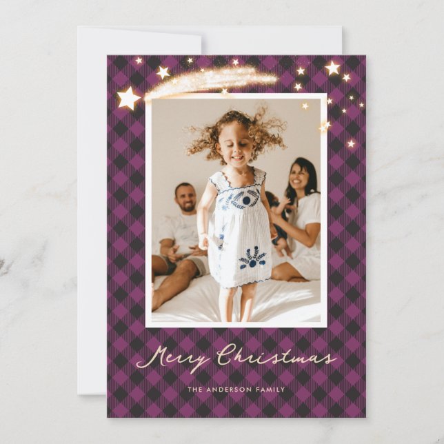 Buffalo violet Plaid Stars Photo Cartes de Noël (Devant)
