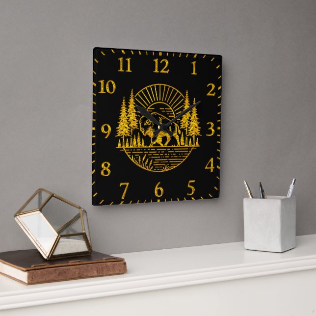 Buffalo Walking by the River at Sunset Square Wall Clock (Office)