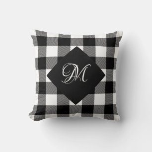 Buffalo white and black checked with monogram throw pillow