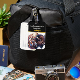 Buffalo With Vibrant Artistic Feathers Luggage Tag