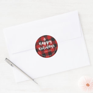BuffaloRed Black Plaid Brush Script Return Address Classic Round Sticker