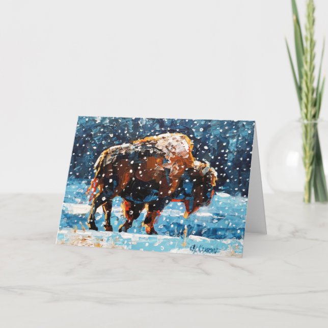 Buffle dans la neige pliée carte de voeux hiver ne (Devant)