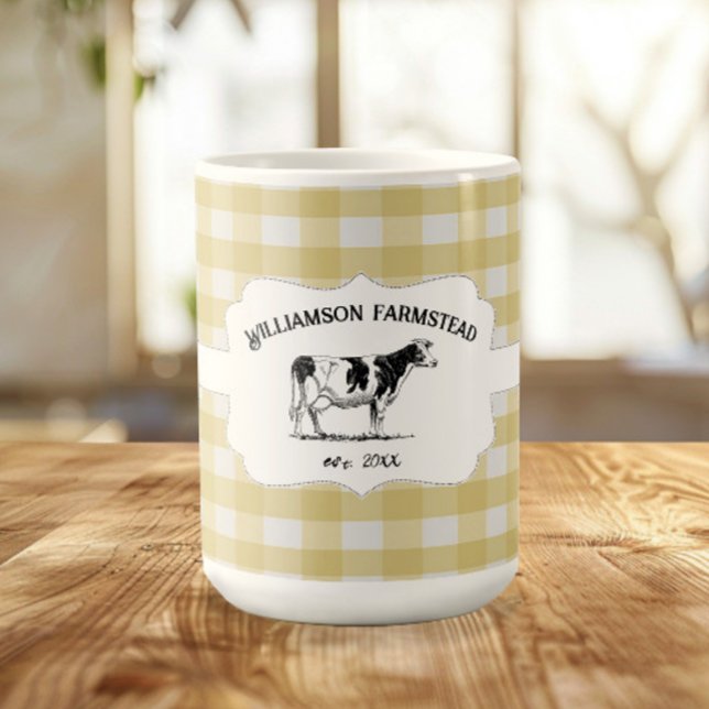 Buffle Jaune Plaid Farm Cow Coffee Mug (Yellow Buffalo Plaid Farm Cow Coffee Mug)