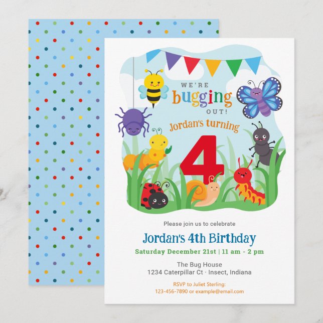 Bug Birthday Invitation, Cute Colourful Bug Party  Invitation (Front/Back)