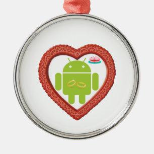 Bug Droid Heart (Love) Two Gold Rings Pink Cake Metal Ornament