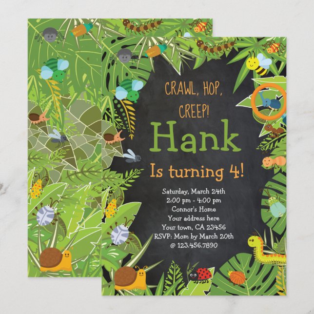 Bug Insect Invitation, Chalkboard Invitation (Front/Back)