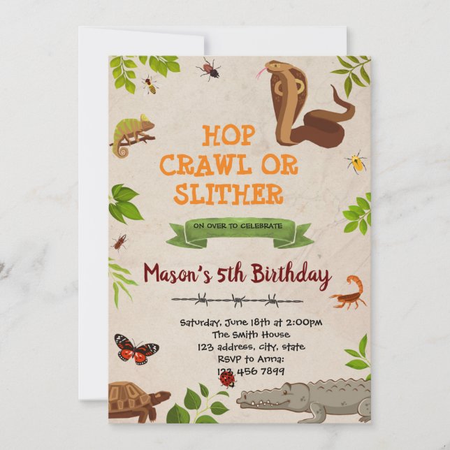 Bug insect reptile theme party invitation (Front)