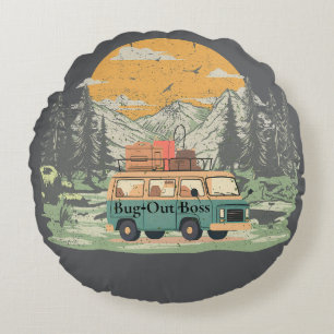 Bug-Out Boss Camper Van Adventure in the Mountains Round Pillow