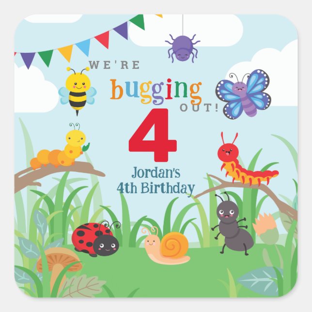 Bug Party Birthday Cute Colourful  Square Sticker (Front)