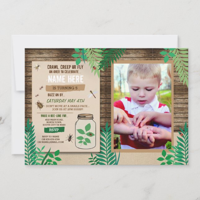 Bug Scavenger Photo Hunt Wood Party Leaves Leaf Invitation (Front)
