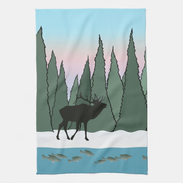 Bugling Bull Elk and Fish  Kitchen Towel (Vertical)