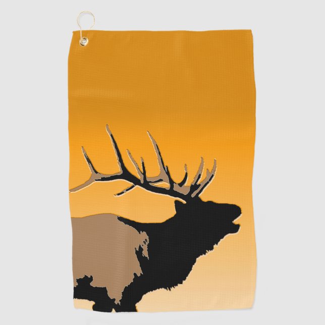 Bugling Bull Elk at Sunset Original Wildlife Art Golf Towel (Front)