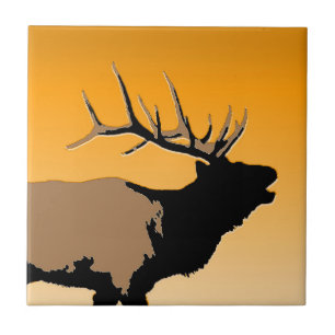 Bugling Bull Elk at Sunset Original Wildlife Art Tile