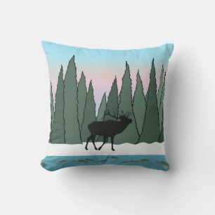 Bugling Bull Elk , Fish and Moose in Winter Throw Pillow