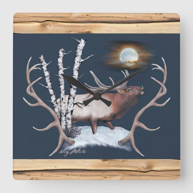 Bugling Bull Elk Square Wall Clock (Front)