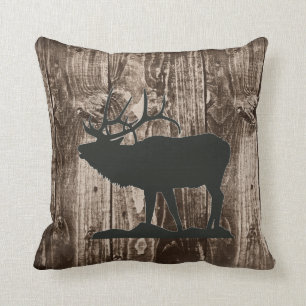 Bugling Elk (Black) on Rustic Wood Cabin Throw Pillow