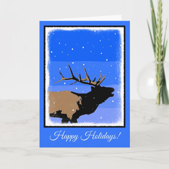 Bugling Elk in Winter  - Original Wildlife Art Holiday Card (Front)
