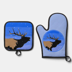 Bugling Elk in Winter  - Original Wildlife Art Oven Mitt & Pot Holder Set