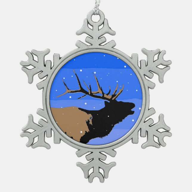 Bugling Elk in Winter  - Original Wildlife Art Snowflake Pewter Christmas Ornament (Front)